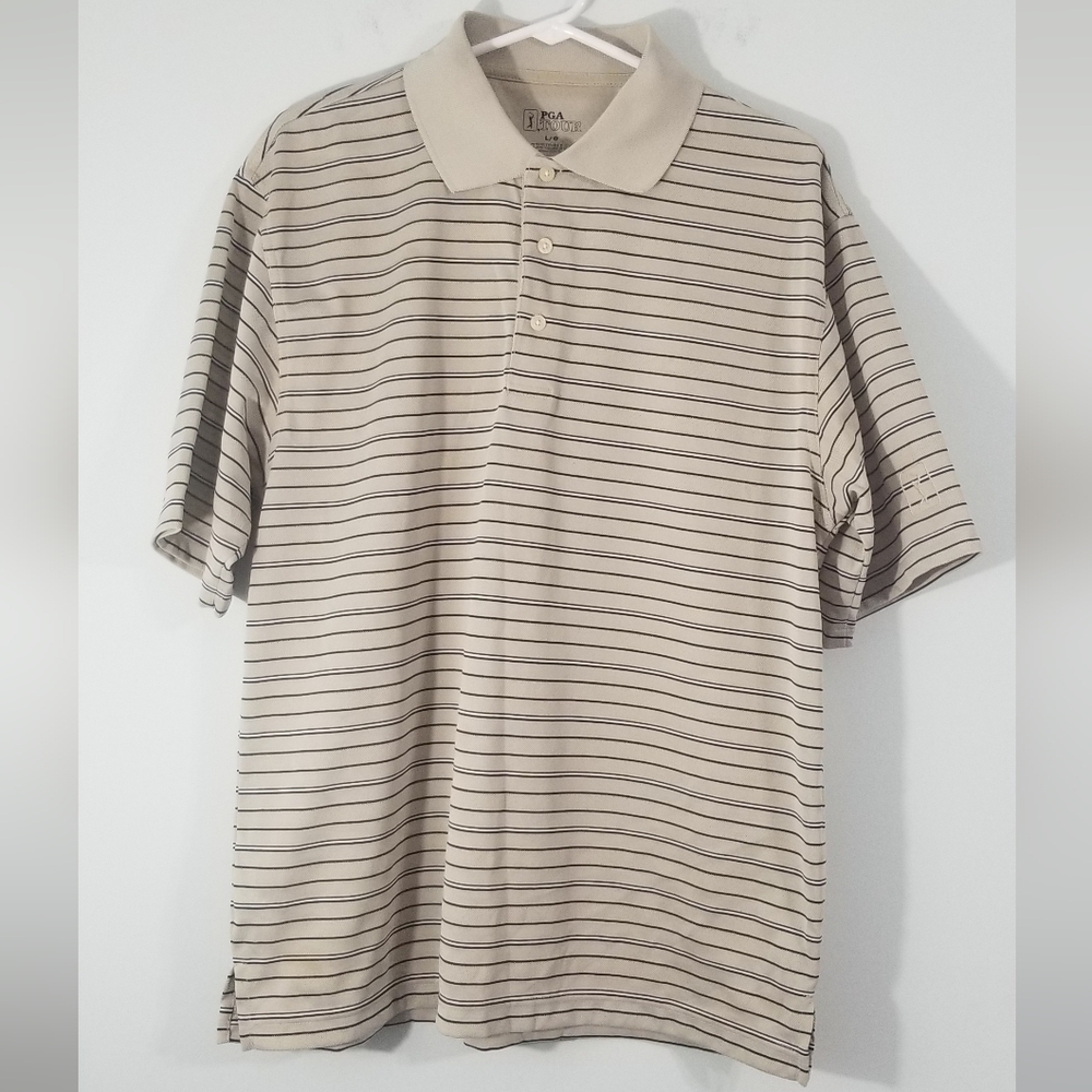 PGA Tour Polo Tee Shirt.Tan Color. PGA Logo Embroidered on Sleeve. Size Large.